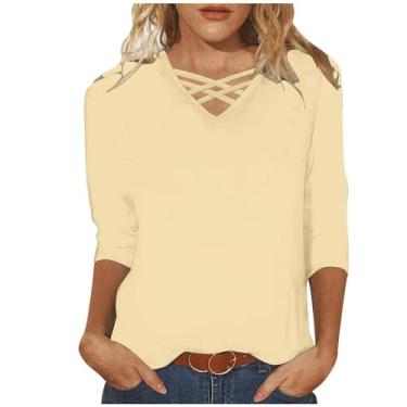 Imagem de Camiseta feminina casual de manga 3/4, gola V cruzada, básica, solta, túnica, caimento solto, pulôver, Bege, 3G