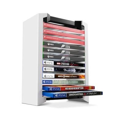 Imagem de TNP Torre universal de armazenamento de videogame para PS5, PS4, PS3, Nintendo Switch, Xbox One, Xbox Series S/X - Suporte organizador branco para videogame com 12 caixas de armazenamento de CD para