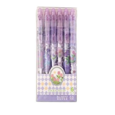 Imagem de Joucien 6 peças/caixa - caneta neutra apagável série floral de 0,5 mm, fácil de esfregar, caneta neutra de prensa térmica sensível - (núcleo de substituição apagável ST) pacote com 10 - azul