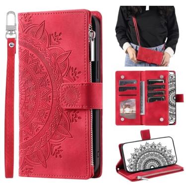 Imagem de CASEONJAN Capa tipo carteira transversal para LG V30, capa de couro com alça de cordão, suporte de cartão com zíper, capa de telefone flip para LG V30 (vermelha)