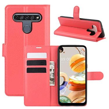 Imagem de XZDWH Capa para LG K61, couro PU com suporte para cartão de crédito, carteira flip com suporte [compartimentos para cartão] [fecho magnético] para LG K61 (vermelho)