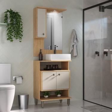 Imagem de Conjunto de Banheiro Gabinete 2 Porta com Cuba de Sobrepor Espelheira 1 Porta com LED Eleganza Carvalho / Arenas
