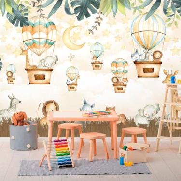 Imagem de Papel de Parede Foto Mural Adesivo Safari Baby Aquarela com Balões Aut