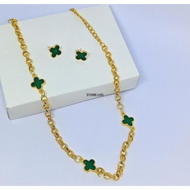 Imagem de Kit Colar e Brincos Flor trevo Verde esmeralda Corrente Elo Português 