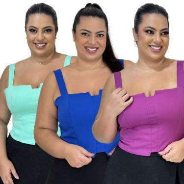 Imagem de Kit 3 Cropped Top Plus Size Alfaiataria Luxo Com Detalhe Lastex Moda F