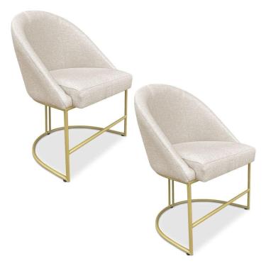 Imagem de Kit 02 Cadeiras Poltrona De Jantar Bela Linho Bege Base Metálica Industrial Dourado - Pallazio
