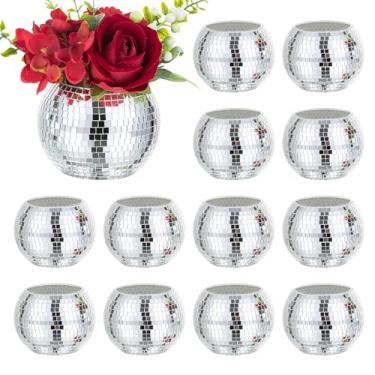 Imagem de Vasos de bola de discoteca para centros de mesa – Hewory 12 peças de vasos de flores espelhados prateados, recipientes de flores, bolas de discoteca, castiçais, para casamento, chá de panela, eventos