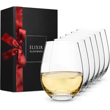 Imagem de ELIXIR GLASSWARE Taças de vinho sem haste – sopradas à mão, tinto branco, conjunto de 6 taças de vinho sem haste de cristal premium – degustação de vinho, casamento, aniversário, Natal, festa – 500 ml, transparente