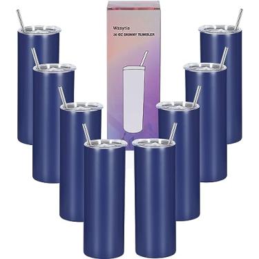 Imagem de Wzaytia Pacote com 8 copos skinny retos de 590 ml, individualmente caixa de presente de aço inoxidável, conjunto de copos finos para viagem, 590 ml, azul marinho