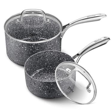 Imagem de HLAFRG Conjunto de panelas, panelas antiaderentes de 2 litros e 3 litros com tampas, panela pequena com tampa - granito natural, cinza