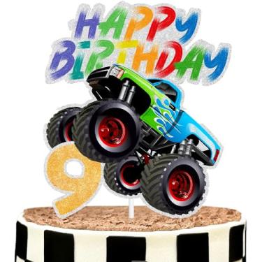Imagem de Big Wheels Truck Cake Topper Truck Theme Kids 9th Birthday Happy Decoration, Boy or Girl Big Truck Themed Birthday Party, Racing Themed Party, Transportation Themed Party Decoration. SugarGera