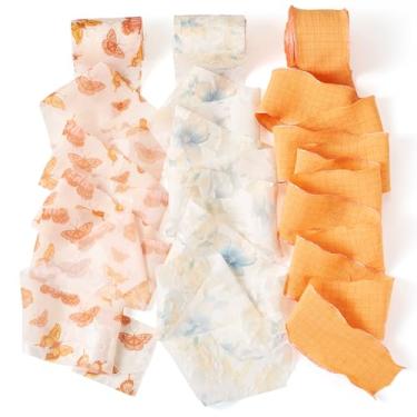 Imagem de Beadthoven Conjunto de fitas de seda de chiffon floral de 16,41 metros, fita de outono laranja com estampa de borboleta para embrulho de presente, convites de casamento, buquês de flores, laço de