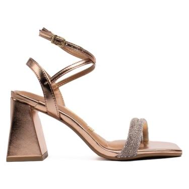 Imagem de Sandália Feminina Vizzano Salto Grosso com Tiras no Tornozelo e Strass Ouro/Rosa - 36