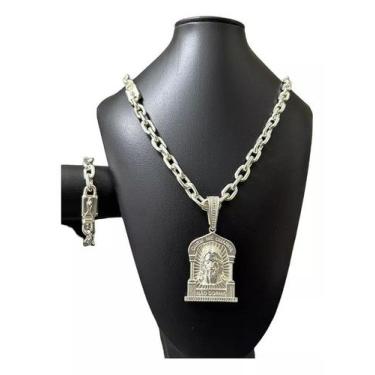 Imagem de Cordão cadeado 12mm + pulseira +pingente banhado a prata 925 - ToJoia1