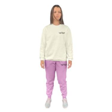 Imagem de Conjunto de Moletom Feminino Blusa Sem Capuz e Calça Jogger Estampado 