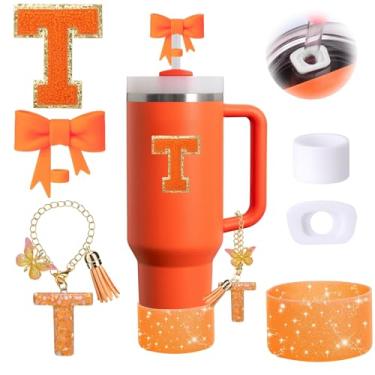 Imagem de Conjunto de 6 peças de acessórios de copo Stanley laranja adequado para Stanley Cup 850.5 g 1,134 g, incluindo tampa à prova de derramamento, bota de silicone brilhante, topo de palha em forma de