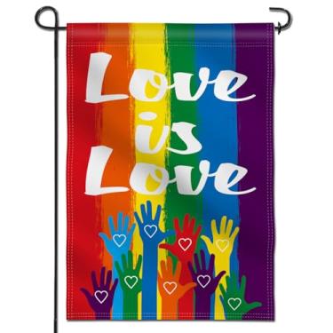 Imagem de Bandeira de jardim premium dupla face Anley, Love is Love Rainbow Bandeiras decorativas de jardim LGBT Gay Pride para decoração de casa - resistentes às intempéries e bandeiras de quintal com costura dupla - 18 x 12,5 polegadas