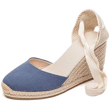 Imagem de U-lite Sandália feminina espadrille rasteira fechada no tornozelo, cadarço clássico verão elegante sapatos rasos, Tela azul - 7,6 cm, 38