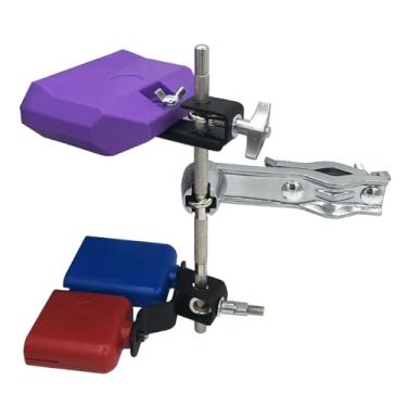 Imagem de Jiayouy 2 peças bloco de compota de percussão com suporte de suporte de sino inclui plástico tons altos e baixos bicolor cowbell roxo bloco de tambor suporte de montagem para bateria