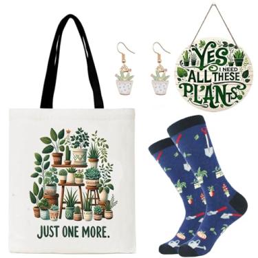 Imagem de HIGHTERTON Presentes de plantas para mulheres, conjunto de presente de 4 peças para amantes de jardim, presentes de plantas em vaso com sacola de lona, meias, brincos, decoração de porta, Multicor,