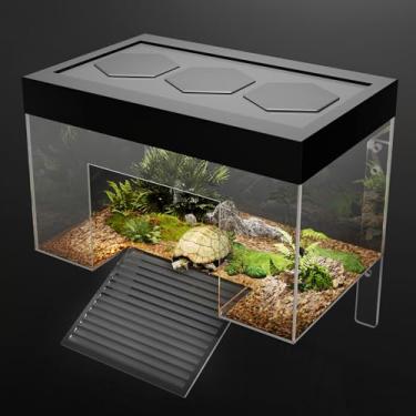 Imagem de Clioran Plataforma de tartaruga, 25 x 15,7 x 15,7 cm, decoração de topo elevado de terra pequena, gaiola de habitat suspensa de orelhas vermelhas, tanque de corno com tampa, casa de tartaruga para