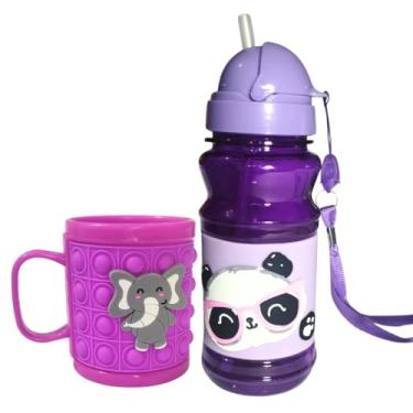 Imagem de Kit Escolar Garrafa E Caneca 3d Plástica Infantil Emborrachada Alto Relevo Canudo Silicone (Lilas)