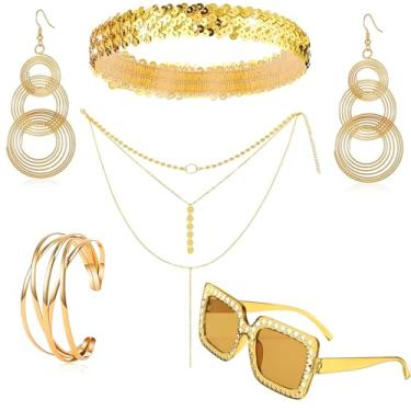 Imagem de XINHONGJIN 5 peças de acessórios femininos para discoteca dos anos 70, colar em camadas, brincos de ouro, pulseira de brincos de ouro, conjunto de óculos, cm, liga de aço, sem pedra preciosa, CM, Liga