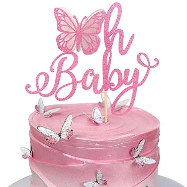 Imagem de Rsstarxi Embalagem com 1 Topo de bolo Butterfly Oh Baby Cake Topper Glitter Chá de Bebê Borboleta Decoração para Revelação de Gênero Chá de Bebê Infantil Infantil e Festa de Aniversário