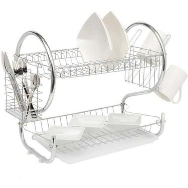 Imagem de Escorredor de Louça Aço Cromado 2 Andares com Porta-Talheres – 12 Pratos
