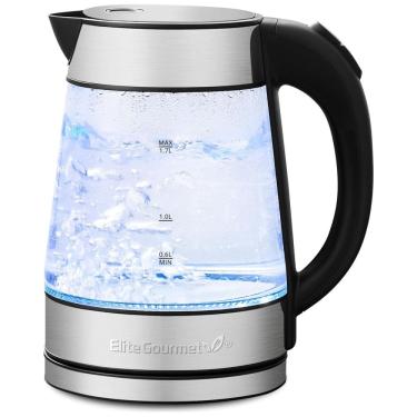 Imagem de Chaleira Elétrica Elite Gourmet EKT602 de Vidro Livre de BPA, Base 360 sem Fio, Design com LED Azul Estiloso, Função de Desligamento