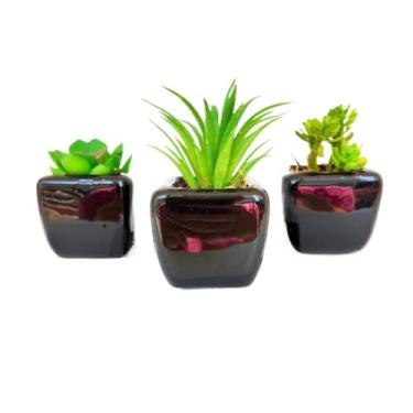 Imagem de Kit 3 vasinhos de cerâmica com suculentas sortidas artificiais preto ou branco(Preto)