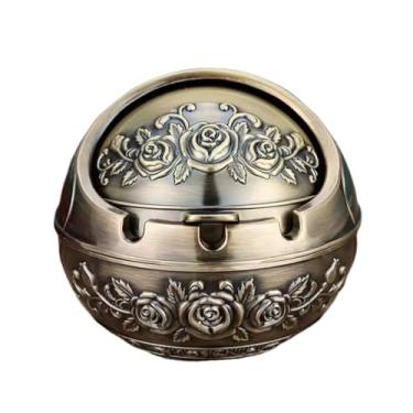 Imagem de Cinzeiro Cinzeiro vintage Cinzeiro decorativo vintage à prova de vento com tampa para cigarros Cinzeiro portátil de metal (interno, externo) Gravura feita à mão Decorações de presente extravagantes (h