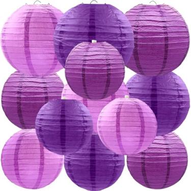 Imagem de Lanternas de papel roxas, 12 peças, lanternas chinesas penduradas para casamento, aniversário, chá de bebê, Natal, formatura, aniversário, decoração de despedida de solteira, atividades DIY