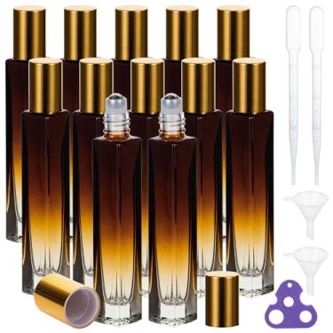Imagem de Yebeauty Pacote com 12 frascos de rolo de vidro de 10 ml para óleos essenciais com tampa de alumínio anodizado, esfera de perfume gradiente âmbar vazia com abridor, funis, conta-gotas