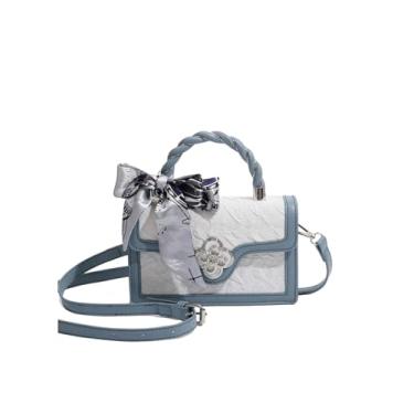 Imagem de Verdusa Bolsa feminina vintage transversal alça superior aba quadrada bolsa bolsa com fita, Azul e branco, One Size