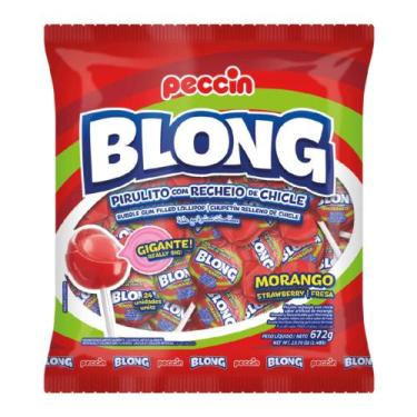 Imagem de Pacote Pirulito Blong Com Recheio de Chicle Sabor Morango 672g - Pecci
