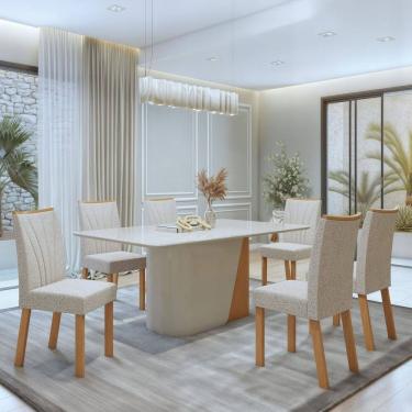 Imagem de Conjunto Luar 170cm Tampo MDF com Vidro e 6 Cadeiras Apogeu Amêndoa Clean/Off White/Bege