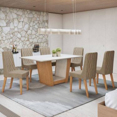 Imagem de Conjunto Apogeu 160cm Tampo MDF com 6 Cadeiras Luar Amêndoa Clean/Off White/Bege