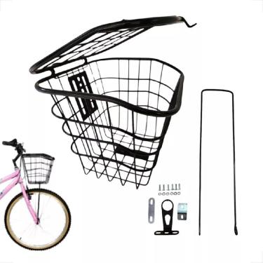 Imagem de Cesta Cestinha de Bicicleta Reforçada Com Tampa Aço Completa Haste Aro 24 26 Passeio Compras 8KG