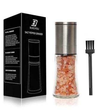 Imagem de Bunchtou Moedor de sal ou pimenta de aço inoxidável - Moedor de especiarias recarregável, grossura ajustável - Saleiro manual pequeno com recipiente de vidro grosso