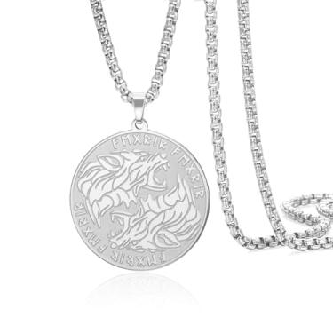 Imagem de VASSAGO Colar de lobo viking masculino de aço inoxidável nórdico viking runas com pingente de cabeça de lobo joia de amuleto, Adjustable, Aço inoxidável, Sem Pedra Preciosa