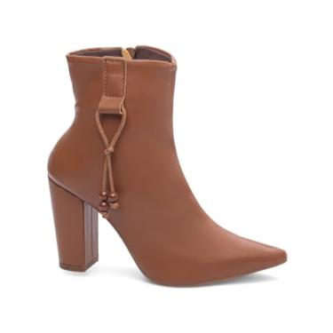 Imagem de EMILY ONLINE, Bota Feminina Cano Curto Salto Alto Grosso 9 cm Bico Fino com Ziper e Cordão Lateral (Caramelo, 36)