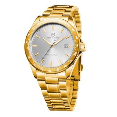 Imagem de FORSINING Relógio masculino automático de aço inoxidável com janela de data, Dourado, branco, Clássico