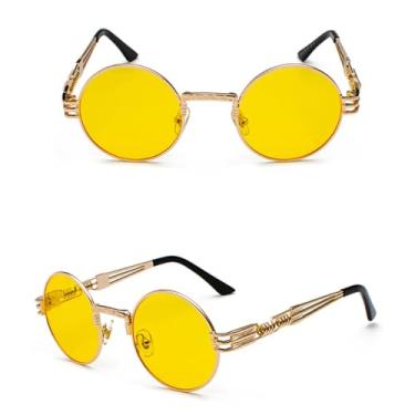 Imagem de VFDHN Óculos de sol vintage retrô gótico steampunk espelhado vintage redondo masculino UV400 (dourado com amarelo)