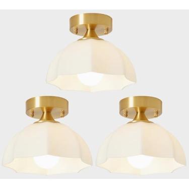 Imagem de Magiroz Luminária De Teto Semi-Embutida Moderna Estilo Fazenda, Dourada Escovada, Para Corredor, Pequena Latão Áreas Internas E Externas, Vidro Branco, Quarto Varanda, Pacote Com 3 Unidades Mcl10A-3