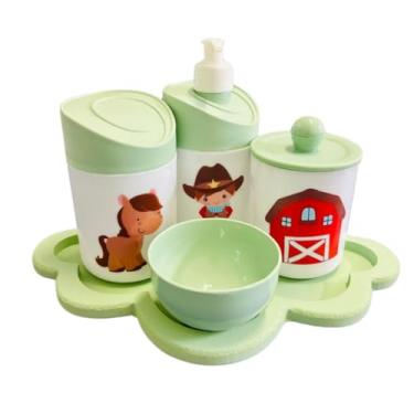 Imagem de Kit Higiene Baby Cowboy Menino c/bandeja em MDF (Nuvem verde/verde)