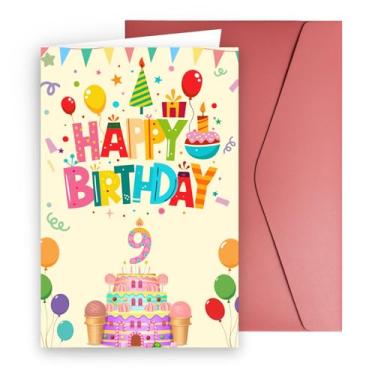 Imagem de JYfeel Cartão de feliz aniversário de 9 anos para menino ou menina - Bolo festivo e balões saudação idade 9 - cartão de aniversário para neto - Inclui envelope vermelho e selo dourado US09BC1R