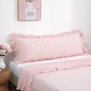 Imagem de K MASANIJI Capa de travesseiro de corpo xadrez branco blush com babados 51 x 137 cm, 100% algodão rústico francês country vintage outono fronhas para cama/sofá (51 x 137 cm, blush/xadrez branco)