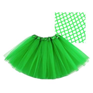 Imagem de Kit Fantasia: Saia Tutu Tule + Meia Calça Arrastão Colorida Modelo Juvenil Adulto 35/42 (Verde)