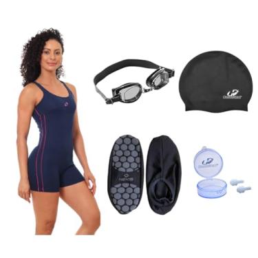 Imagem de Kit Maiô Hidro Natação Óculos + Touca + Protetor + Sapatilha Antiderrapante (Sapatilha Azul Marinho P - Óculos Preto, GG)